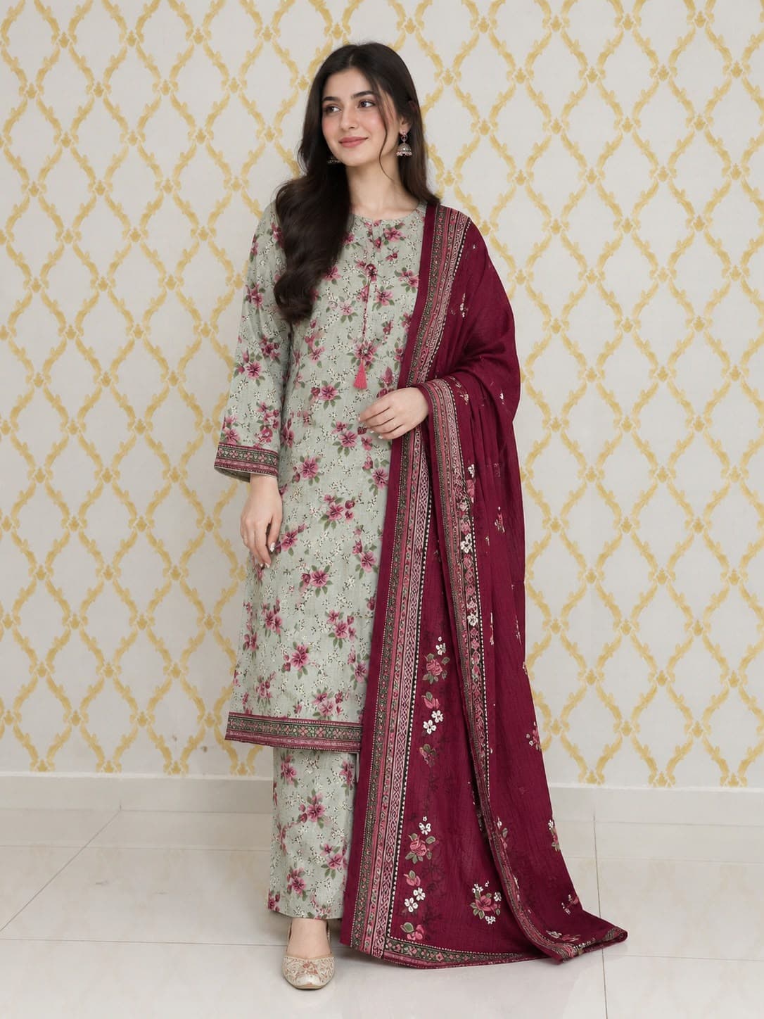 Premium Khaddar 3-Piece Suit with Shawl