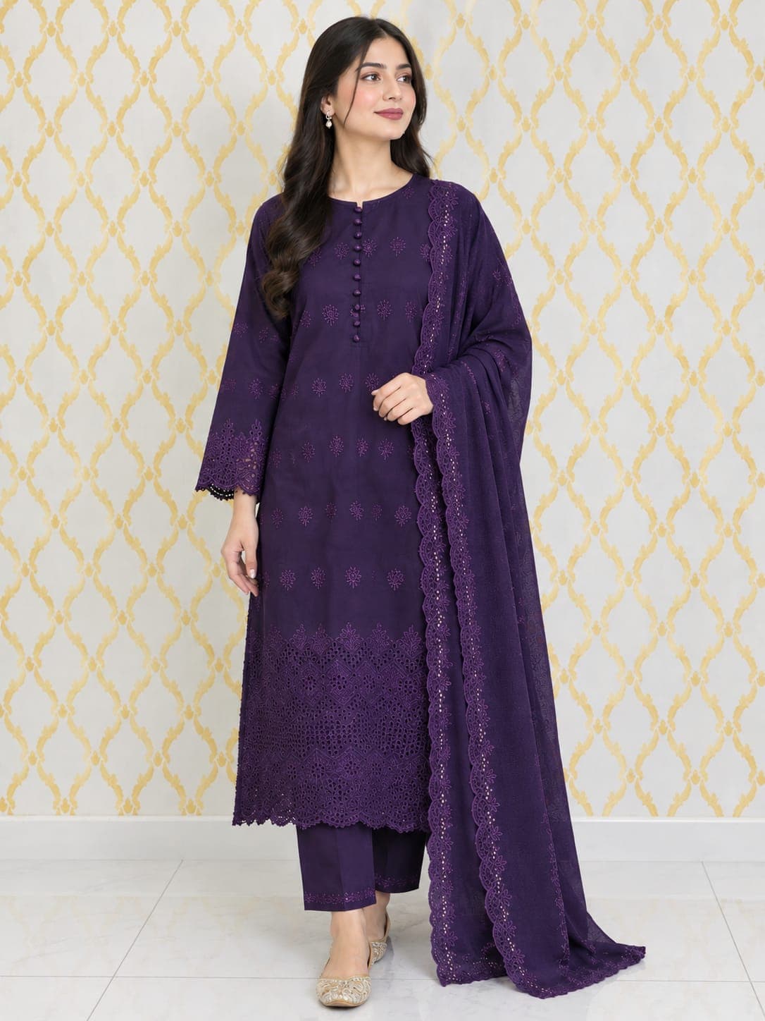 Royal Plum – Premium Embroidered Dhanak 3-Piece Suit