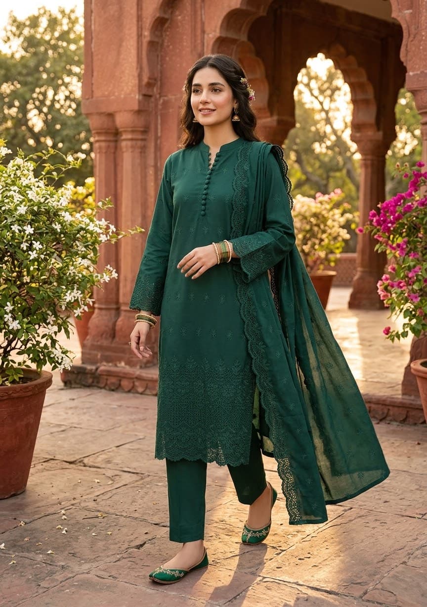 Emerald Grace – Premium Embroidered Dhanak 3-Piece Suit with Shawl