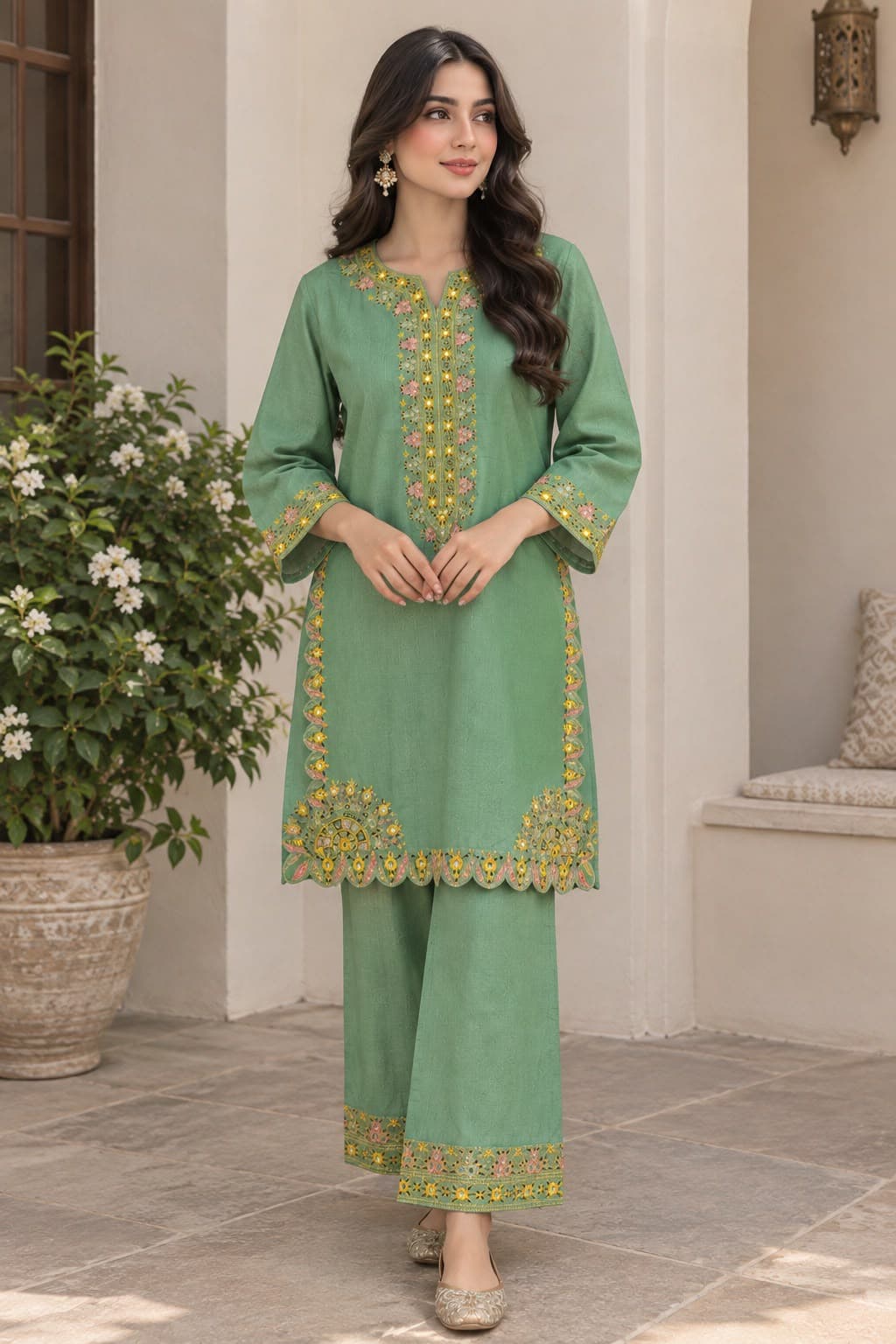 Pistachio Blossom – Embroidered 2-Piece Cotton Suit