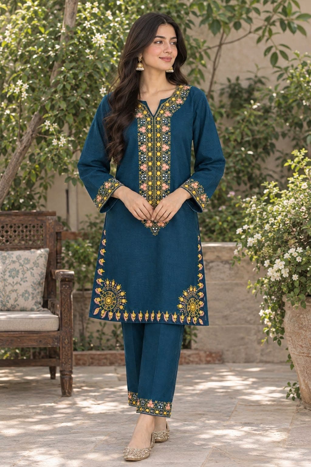 Teal Radiance – Stitched 2-Piece Embroidered Cotton Suit