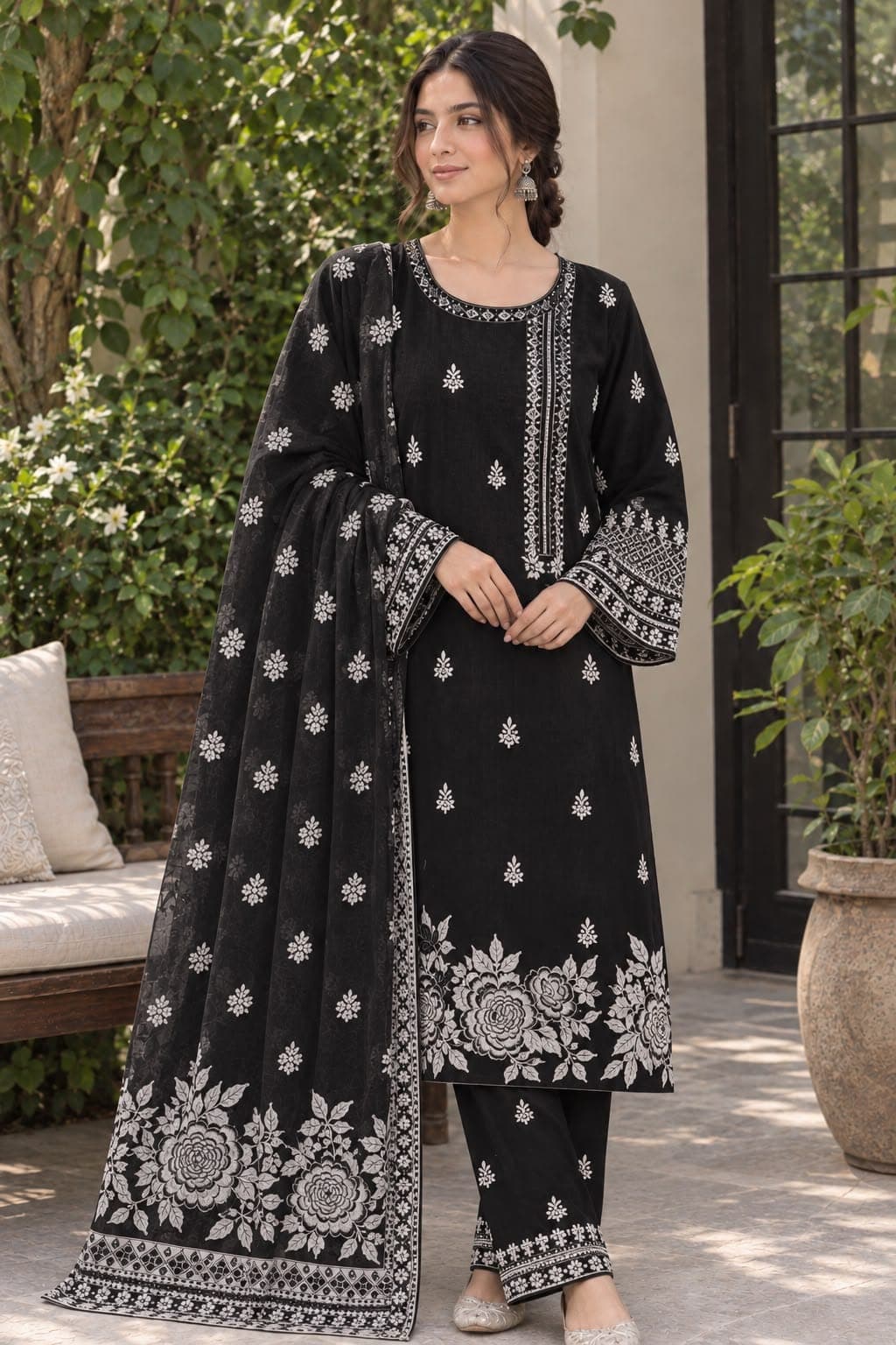 Midnight Zari – Embroidered 3-Piece Winter Cotton Suit with Wool Shawl