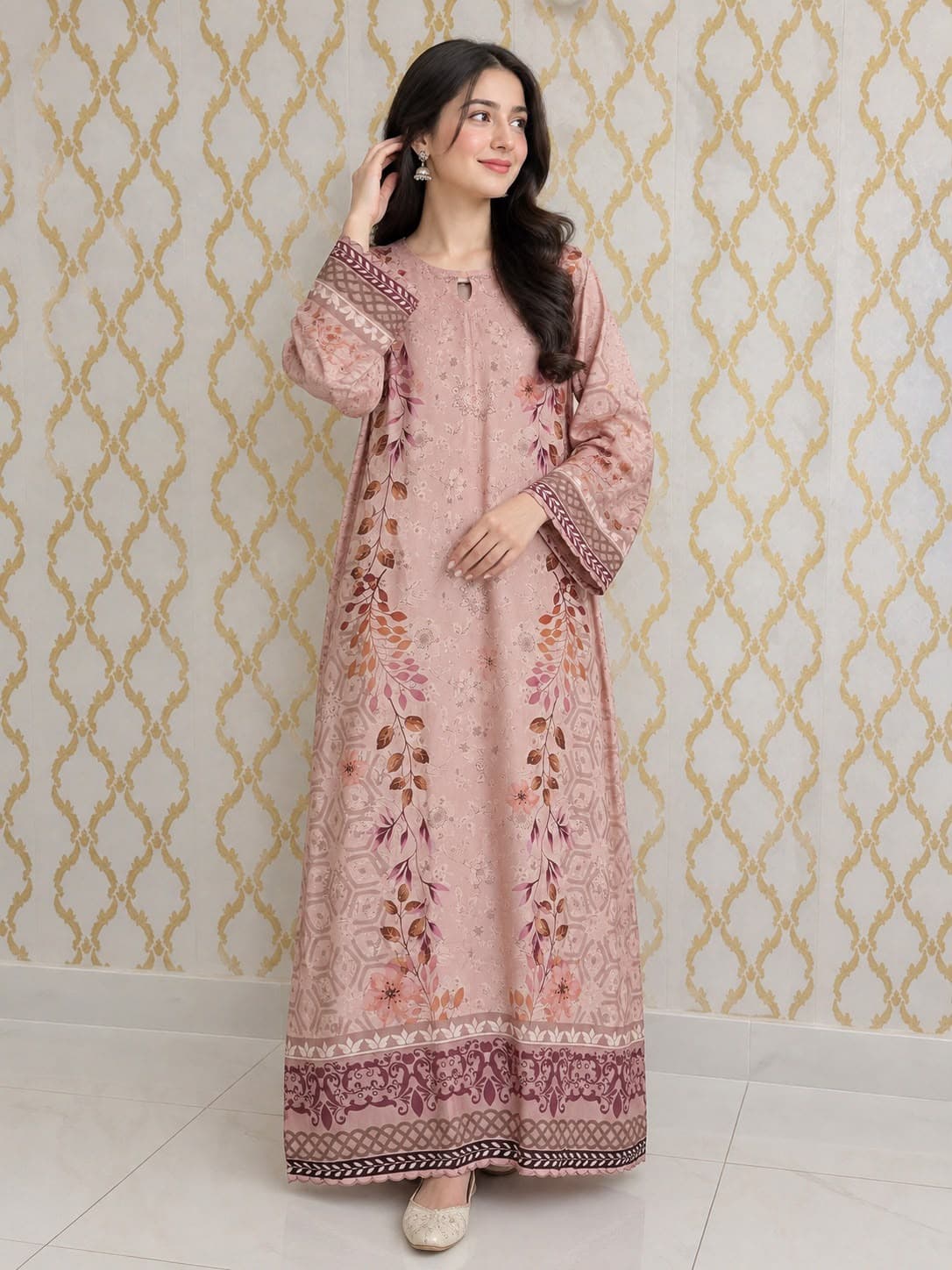 Dusty Rose – 2-Piece Printed Poly-Kaftan Set